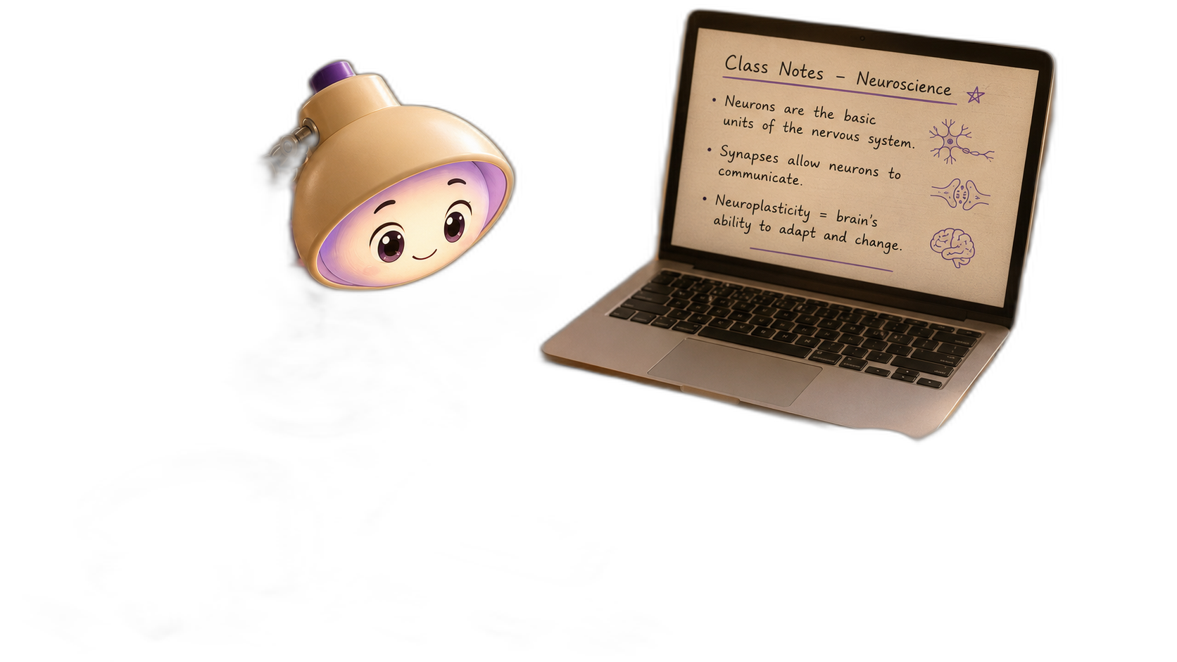 Lumi na mesa de estudo com laptop, anotações e livros